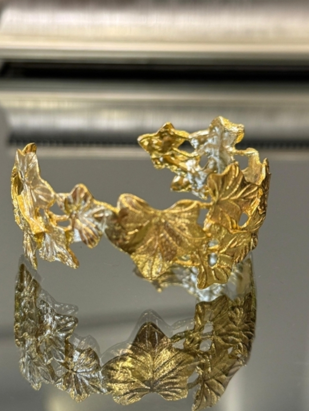 24k Gold Plated Leaf Cuff Bracelet Handmade Open Bangle